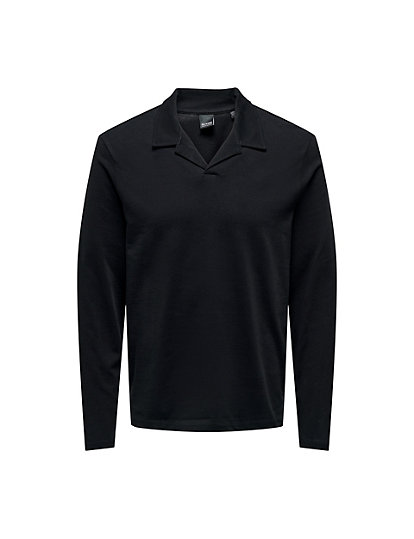 only & sons pure cotton long sleeve polo shirt - black, black
