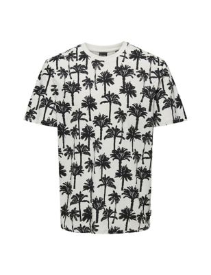 Only & Sons Mens Cotton Rich Palm Print T-Shirt - White Mix, White Mix