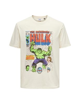 Only & Sons Men's Pure Cotton Marvel T-Shirt - White Mix, White Mix,Multi