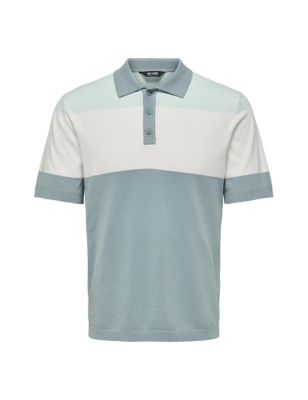 Only & Sons Mens Colour Block Knitted Polo Shirt - M - Blue Mix, Blue Mix