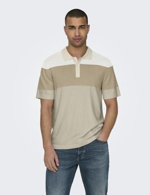 Only & Sons Men's Colour Block Knitted Polo Shirt - M - Beige Mix, Beige Mix,Blue Mix