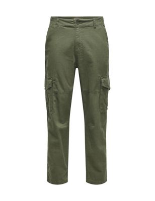 Only & Sons Men's Tapered Fit Linen Rich Cargo Trousers - 3032 - Green, Green,White