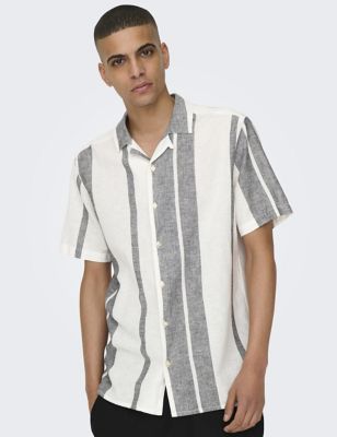 Only & Sons Men's Cotton Linen Blend Striped Shirt - M - White Mix, White Mix