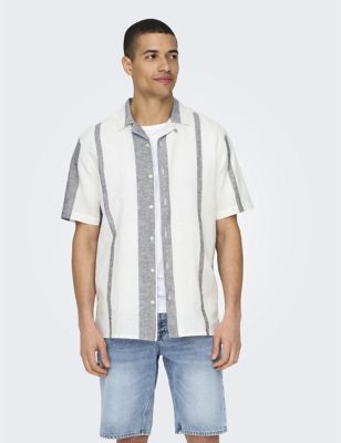 Only & Sons Mens Cotton Linen Blend Striped Shirt - M - White Mix, White Mix