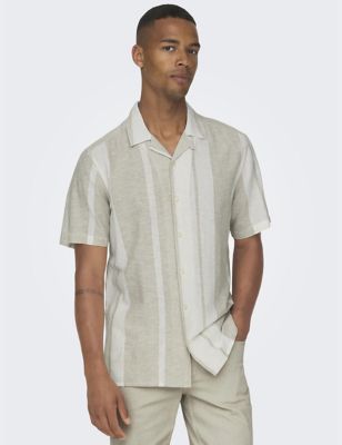 Only & Sons Mens Linen Rich Striped Shirt - Khaki Mix, Khaki Mix