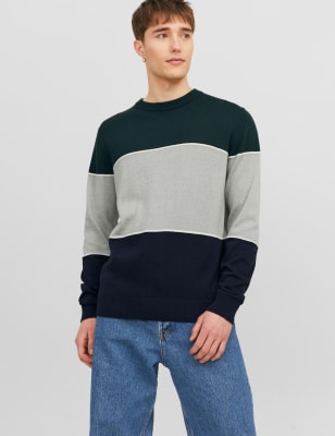 Cotton Blend Colour Block Crew Neck Jumper