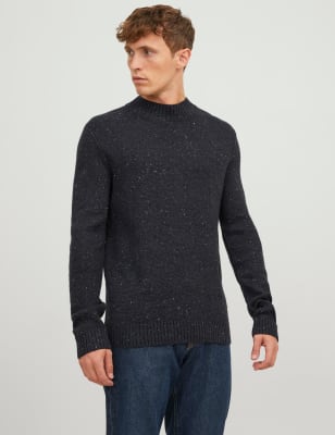 

Mens JACK & JONES Cotton Blend Textured Funnel Neck Jumper - Grey Mix, Grey Mix