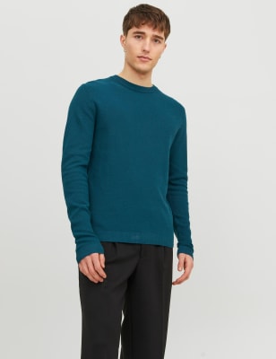 

Mens JACK & JONES Pure Cotton Textured Crew Neck Jumper - Blue, Blue