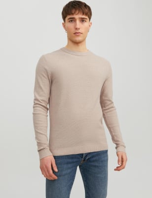 

Mens JACK & JONES Pure Cotton Textured Crew Neck Jumper - Beige, Beige