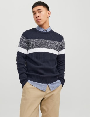 

Mens JACK & JONES Cotton Blend Ribbed Colour Block Jumper - Navy, Navy