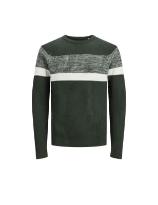 mens jack & jones cotton blend ribbed colour block jumper - green