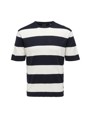 Only & Sons Mens Fine Knit Striped T-Shirt - M - Navy Mix, Navy Mix,Beige Mix