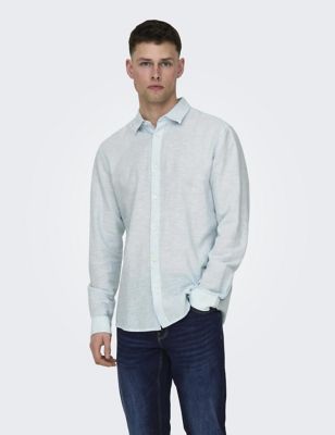 Only & Sons Mens Cotton Linen Blend Shirt - XL - Blue, Blue,Green