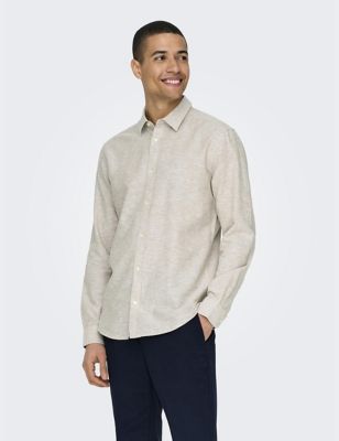 Only & Sons Men's Cotton Linen Blend Slim Fit Shirt - Beige, Beige,White,Blue,Green