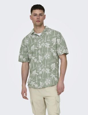 Only & Sons Men's Cotton Linen Blend Hawaiian Shirt - Green Mix, Green Mix
