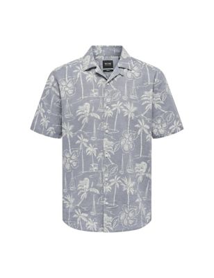 Only & Sons Mens Cotton Linen Blend Hawaiian Shirt - Blue Mix, Blue Mix