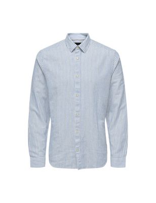 Only & Sons Men's Cotton Linen Blend Striped Shirt - Blue Mix, Blue Mix