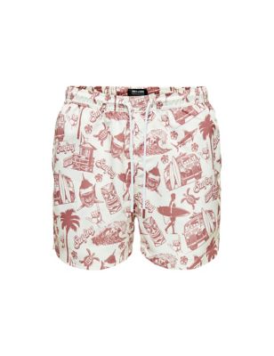 Only & Sons Men's Pocketed Printed Swim Shorts - White Mix, White Mix