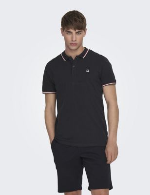 Only & Sons Mens Pure Cotton Tipped Polo Shirt - Dark Navy, Dark Navy,Blue,Green