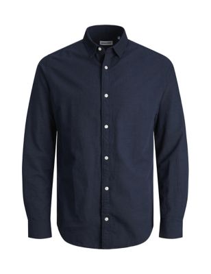Jack & Jones Mens Cotton Linen Blend Oxford Shirt - Navy, Navy,Beige