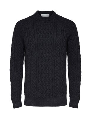 M&S Selected Homme Mens Cotton Blend Cable Crew Neck Jumper With Wool
