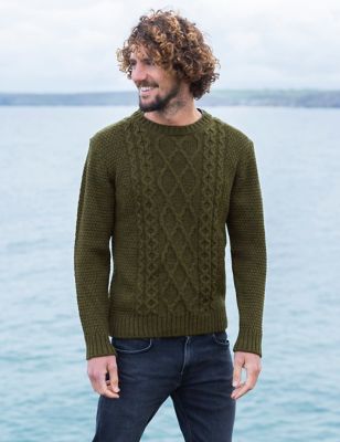 Celtic & Co. Mens Pure Merino Wool Cable Crew Neck Jumper - Green, Green,Navy