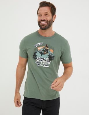 Fatface Men's Pure Cotton Biking Graphic Crew Neck T-Shirt - Green Mix, Green Mix