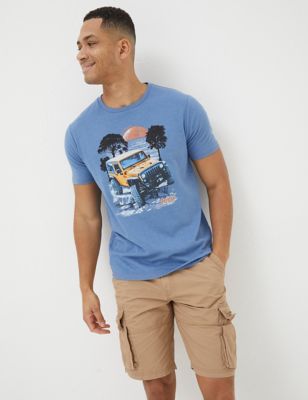 Fatface Men's Pure Cotton Crew Neck Graphic T-Shirt - XSREG - Blue Mix, Blue Mix