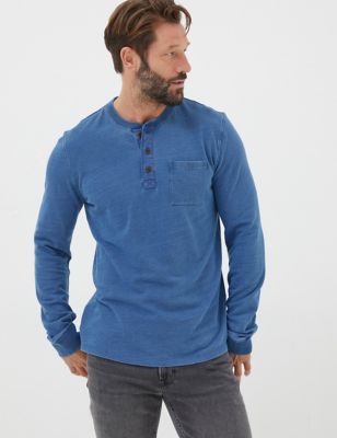 Fatface Mens Pure Cotton Henley Long Sleeve T-Shirt - XS - Blue, Blue