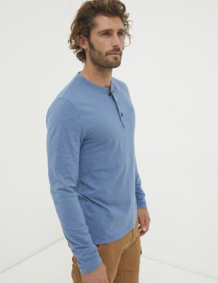 Fatface Men's Pure Cotton Crew Neck Henley T-Shirt - XSREG - Blue, Blue,Green