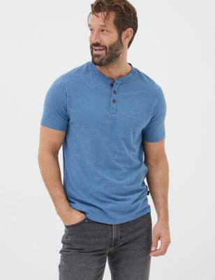 Fatface Men's Cotton Henley T-Shirt - SREG - Blue, Blue,Navy,Green,White