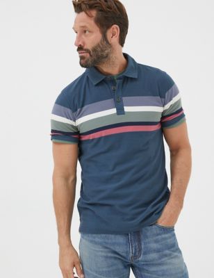 Fatface Mens Pure Cotton Striped Polo Shirt - XSREG - Navy Mix, Navy Mix,Pink Mix
