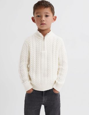 Reiss Boys Cable Knit Half Zip Jumper with Wool (3-14 Yrs) - 10-11 - Cream, Cream