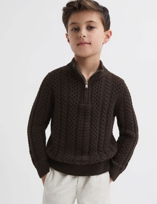 Reiss Boys Cable Knit Half Zip Jumper with Wool (3-14 Yrs) - 5-6 Y - Brown, Brown