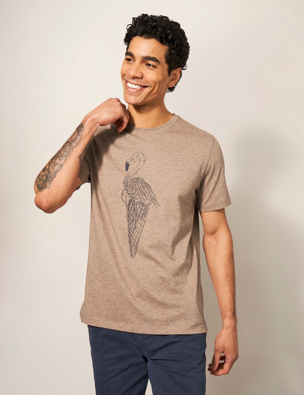 Cotton Rich Flamingo Print Crew Neck T-Shirt image 1