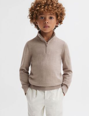 Reiss Boy's Pure Merino Wool Knitted Half Zip Jumper (3-14 Yrs) - 13-14 - Tan, Tan