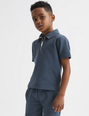 Reiss Boy's Cotton Rich Textured Half Zip Polo Shirt (3-14 Yrs) - 13-14 - Light Blue, Light Blue,Nav