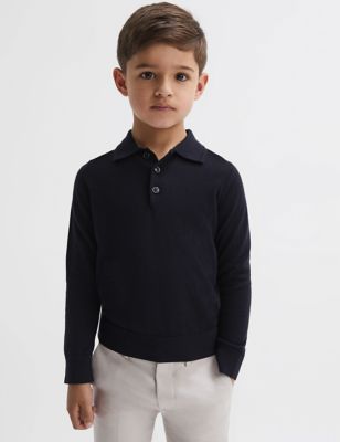 Reiss Boys Pure Merino Wool Knitted Polo Shirt (3-14 Yrs) - 9-10Y - Dark Blue, Dark Blue,Light Blue