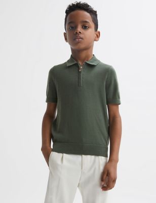 Reiss Boy's Pure Merino Wool Half Zip Polo Shirt (3-14 Yrs) - 12-13 - Dark Green, Dark Green