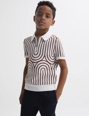 Reiss Boys Knitted Striped Half Zip Polo Shirt (3-14 Yrs) - 8-9 Y - White Mix, White Mix