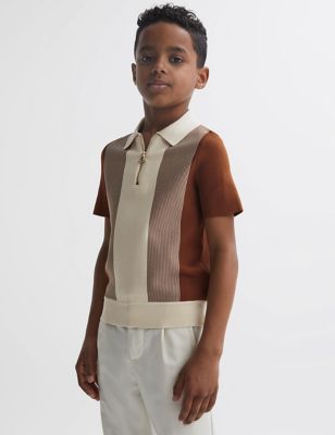 Reiss Boy's Knitted Striped Half Zip Polo Shirt (3-14 Yrs) - 8-9 Y - Brown Mix, Brown Mix