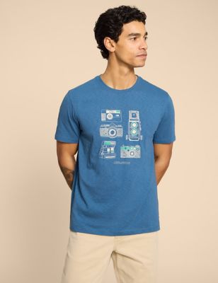 White Stuff Men's Pure Cotton Camera Graphic T-Shirt - XXL - Blue Mix, Blue Mix