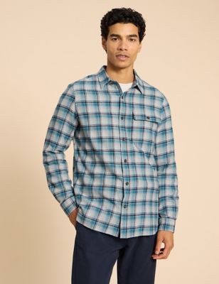 White Stuff Men's Organic Cotton Check Flannel Shirt - Blue Mix, Blue Mix