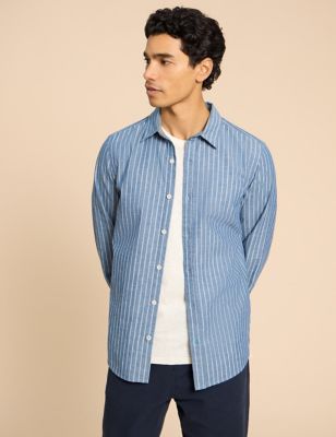 White Stuff Men's Easy Iron Organic Cotton Striped Shirt - Blue Mix, Blue Mix