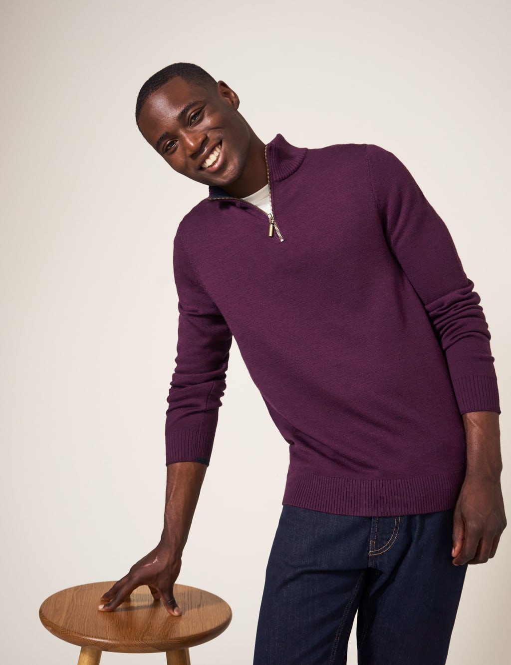 Pure Merino Wool Funnel Neck Half Zip Jumper