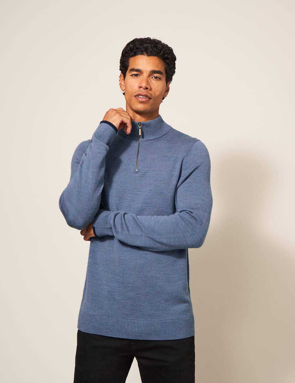 Pure Merino Wool Funnel Neck Half Zip Jumper