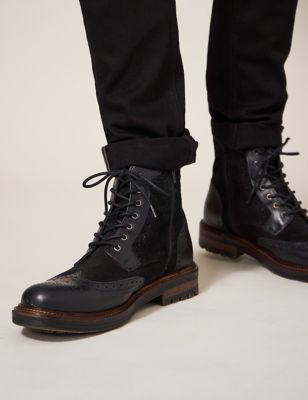 White Stuff Men's Leather Side Zip Brogue Boots - 8 - Black, Black