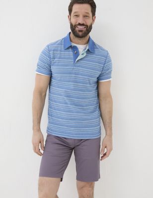 Fatface Men's Pure Cotton Striped Polo Shirt - SREG - Blue Mix, Blue Mix