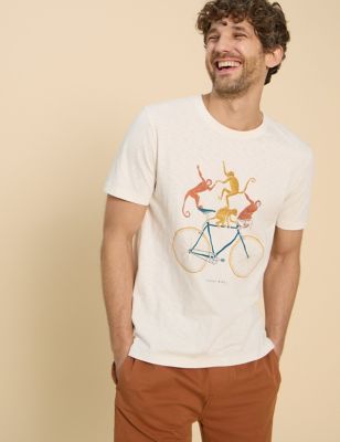 White Stuff Men's Pure Cotton Monkeys On Bike Graphic T-Shirt - XXL - White Mix, White Mix