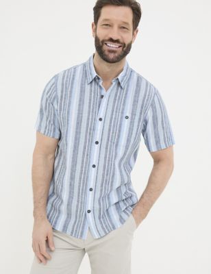 Fatface Men's Cotton Linen Blend Striped Shirt - SREG - Blue Mix, Blue Mix